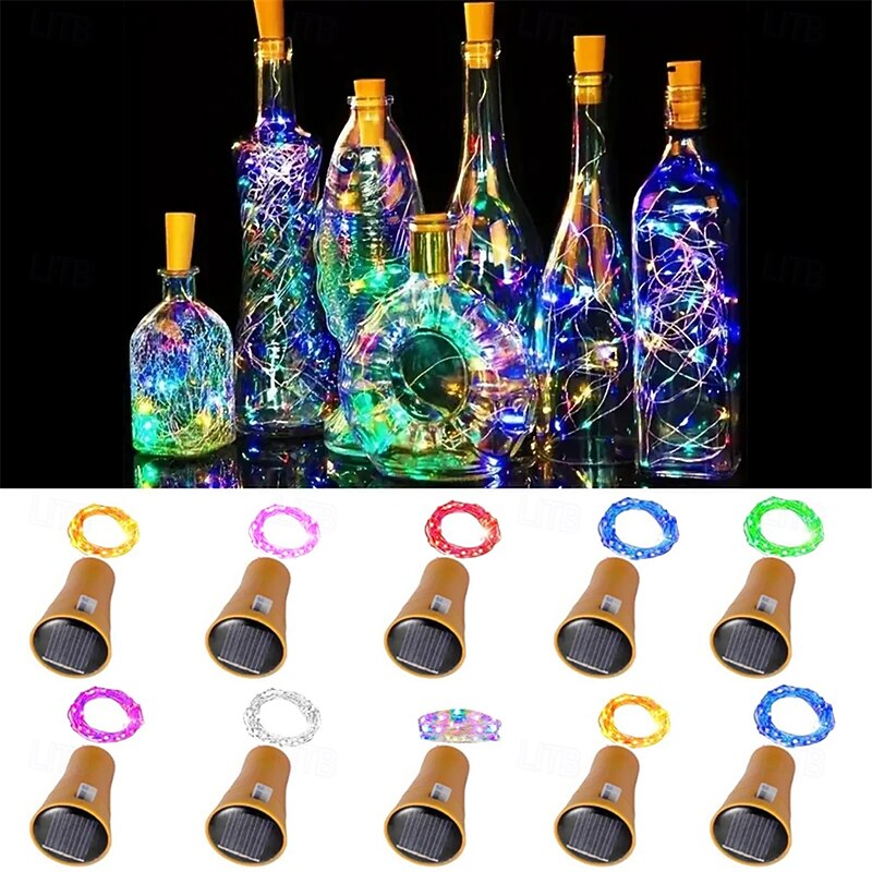 2M Solar String Lights, 20 LEDs Wine Bottle String Lights, Warm White, RGB and Waterproof for Christmas & Wedding Decorations 5pcs Set