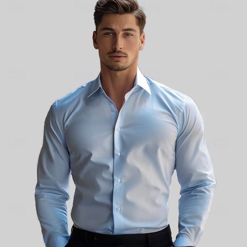 Men's Dress Shirt Button Up Shirt Solid Color School Formal Light Blue Long Sleeve Turndown All Seasons Clothing Apparel