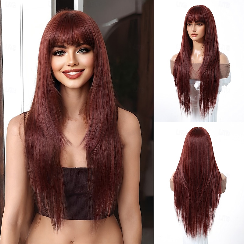 Synthetic Wig Uniforms Career Costumes Princess Straight kinky Straight Middle Part Layered Haircut With Bangs Machine Made Wig 30 inch Brown / Burgundy Synthetic Hair Women's Cosplay Party Fashion