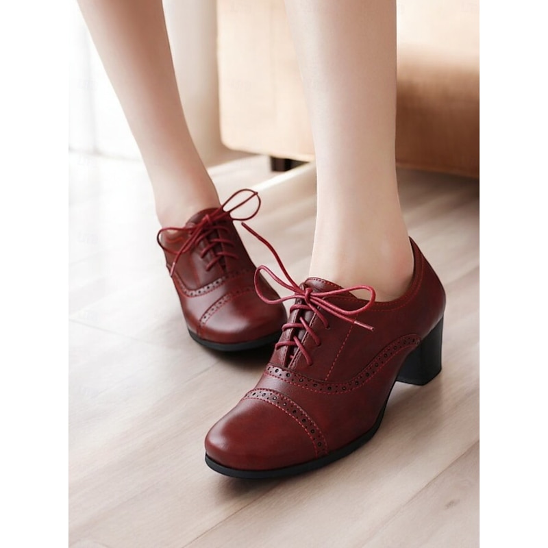 Women's Brown Oxford Shoes with Lace-Up & Brogue Detailing - Classic Mid-Heel for Professional & Vintage Casual Wear4