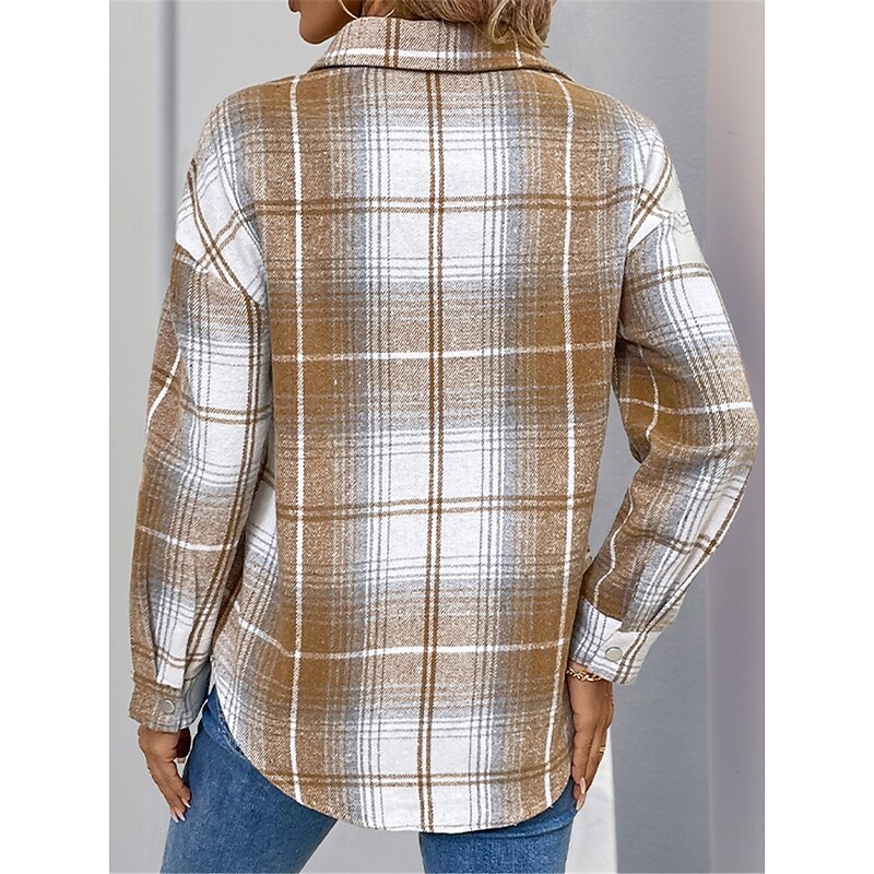 Women's Shirt Blouse Plaid Basic Casual Long Sleeve Shirt Collar Regular Tops Daily Zipper Print Khaki Fall Winter2