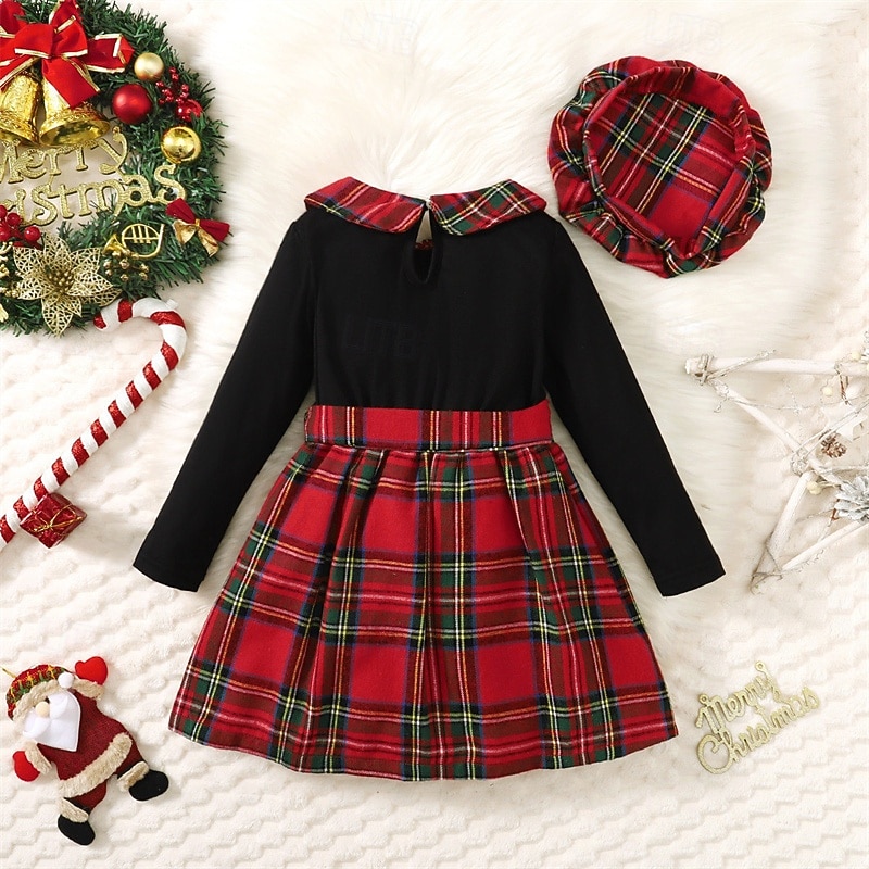 Girls' 3D Plaid Dress Dress Set Long Sleeve Spring Fall Vacation Daily Holiday Beautiful Sweet Little Kids(4-7ys) 4-7 Years Casual Dress A Line Dress Knee-length Regular Fit2