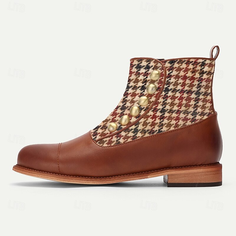Men's Vintage Houndstooth Ankle Boots with Faux Leather Accents and Decorative Buttons – Stylish Formal Boots for Fall and Winter4