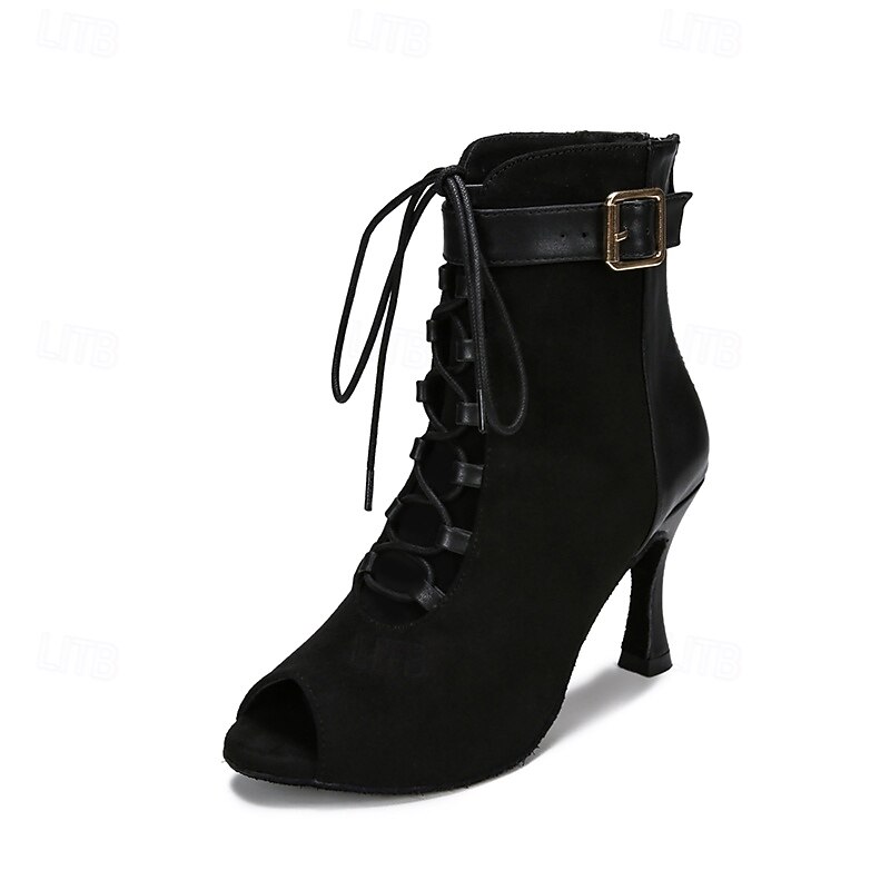 Women's Dance Boots Professional Ballroom Dance Fashion Boots Fur Lined Lace Up Party / Evening Stylish Lace-up Splicing Vintage Cuban Heel Peep Toe Zipper Lace-up Adults' Black