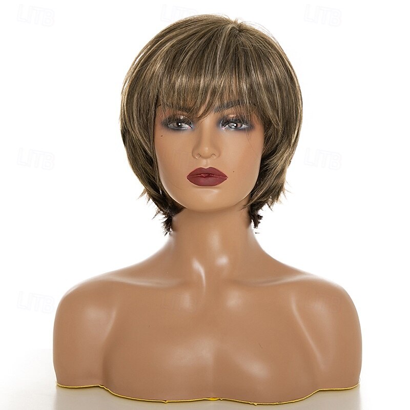 Short Brown Wig with Bangs for White Women Natural Fluffy Synthetic Hair Womens Wigs2