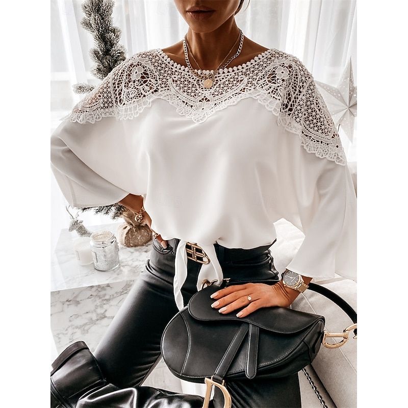 Women's Shirt Blouse Solid Color Basic Casual 3/4 Length Sleeve Crew Neck Regular Tops Daily Lace Patchwork Black White Fall Winter3