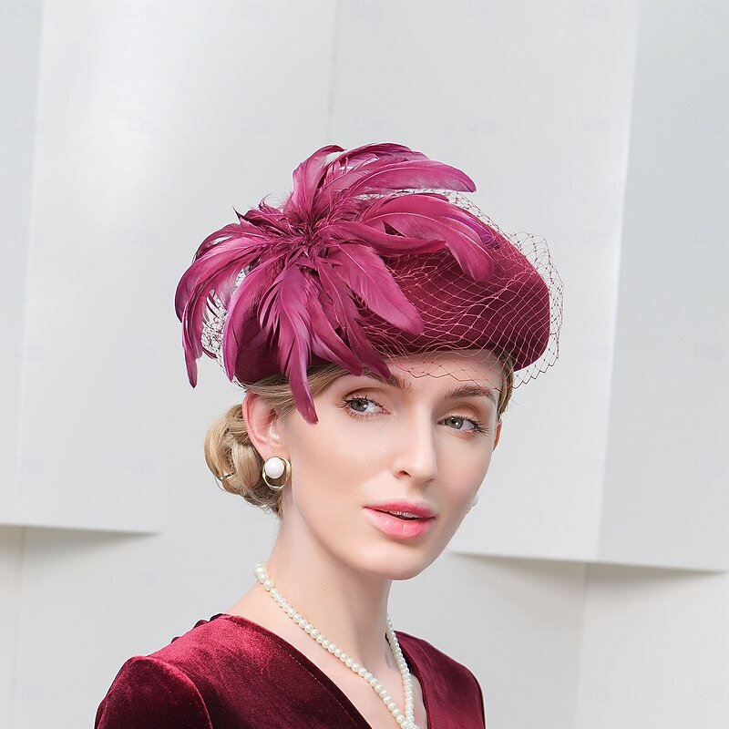 Hats Wool Beret Hat Bowler / Cloche Hat Wedding Cocktail Elegant Wedding With Feather Headpiece Headwear2