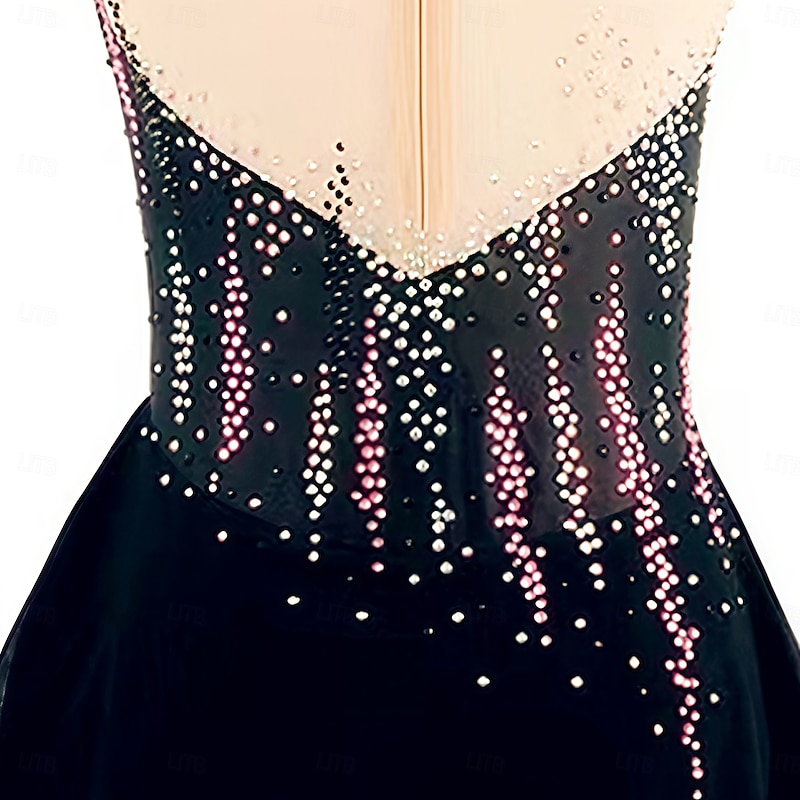 Figure Skating Dress Women's Girls' Ice Skating Dress Black Red Halo Dyeing Asymmetric Hem Mesh Spandex Stretchy Training Practice Professional Skating Wear Thermal Warm Classic Crystal / Rhinestone4