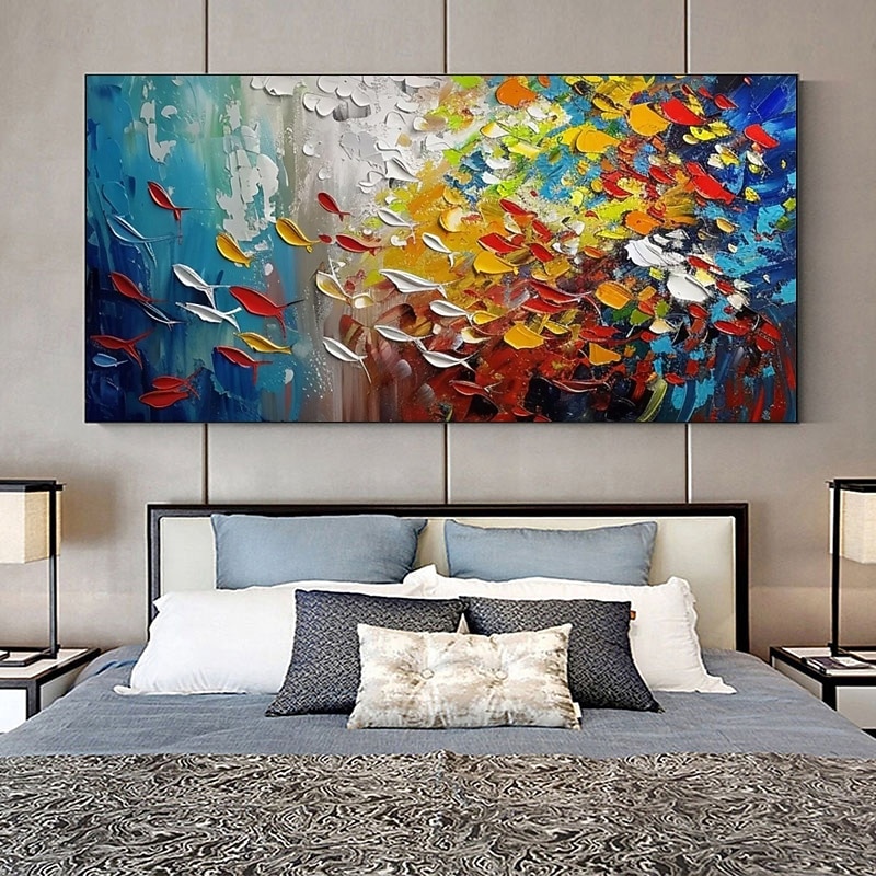 Modern Abstract Colorful Fish Wall Art Canvas Hand-painted Colorful Fish Oil Painting on Canvas Handmade Ocean Animal Artwork Modern Rolled Canvas (No Frame)