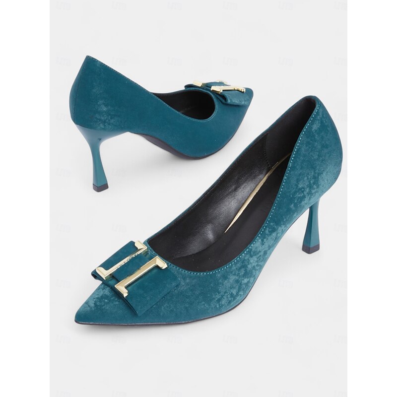 Women's Teal Velvet Pointed Toe Kitten Heel Pumps - Elegant Evening and Office Shoes with Gold Buckle Detail2