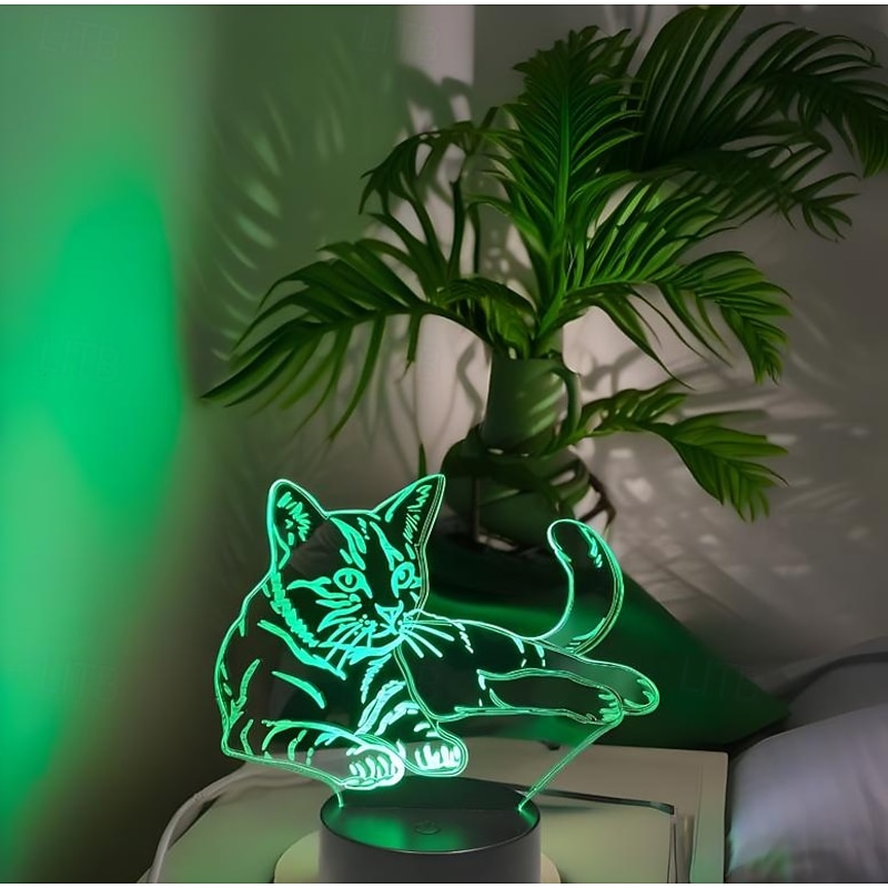 USB 3D LED Night Light, 7 Colors Changing Cat Illusion Lamp, Touch Control Night Light Perfect Decoration & Gift for Cat Lovers