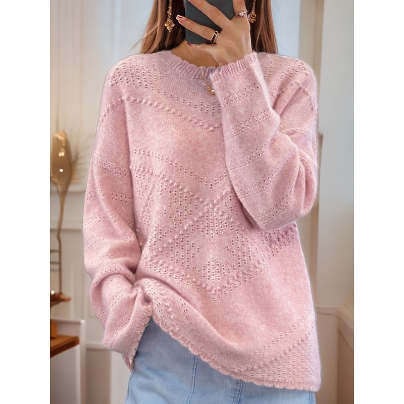Women's Sweater Pullover Sweater Jumper Crew Neck Knit Hollow Out Crewneck Knitted Drop Shoulder Spring Fall Home Daily Holiday Daily Stylish Soft Long Sleeve Pure Color White Pink3
