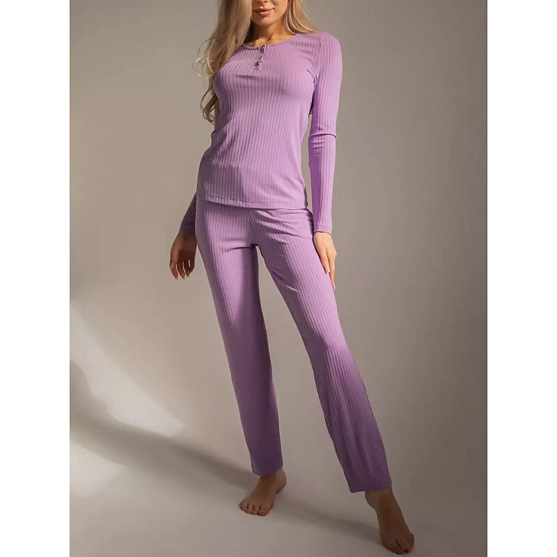 Women's Pajama Set Pure Color Casual Comfort Home Daily Comfort Warm Crew Neck Long Sleeve T shirt Pant Button Elastic Waist Fall Winter Home Outfits2