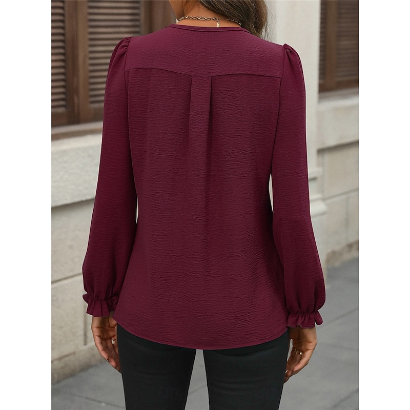 Women's Shirt Blouse Solid Color Basic Casual Long Sleeve Notched Neck Regular Tops Daily Black Wine Fall Winter2