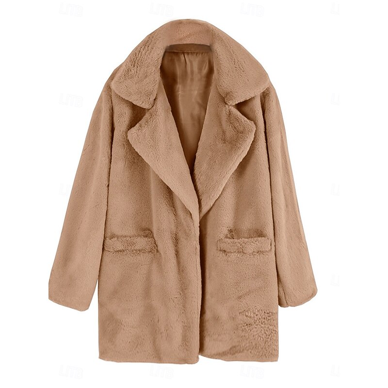 Women's Faux Fur Coat Warm Breathable Pocket Fleece Lined Casual Plain Vacation Street Daily Wear Going out Single Breasted Regular Turndown Regular Fit Long Sleeve Outerwear Khaki Gray Fall Winter3