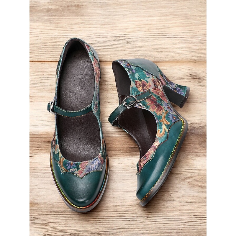 Women's Vintage Floral Mary Jane Heels - Green Leather with Floral Patchwork, Adjustable Strap, Mid Heel, Perfect for Retro Style and Special Occasions2