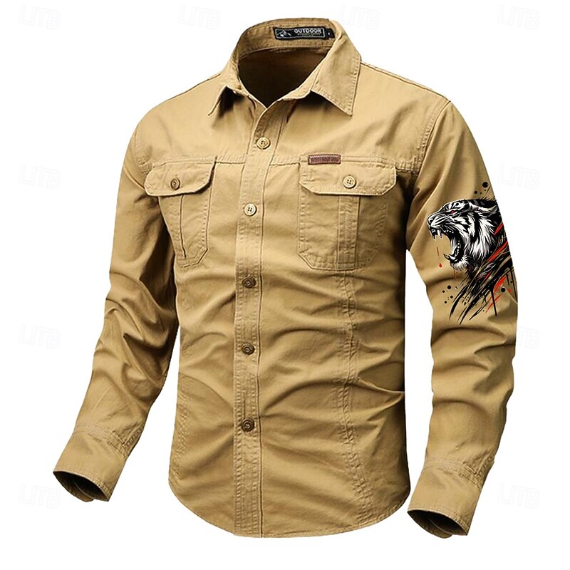 Men's Tiger Work Shirt Western Shirt Cargo Shirt Long Sleeve Vintage Casual Western Style Sports & Outdoor Going out Winter Spring &  Fall Turndown Print Black White Army Green Red Blue3