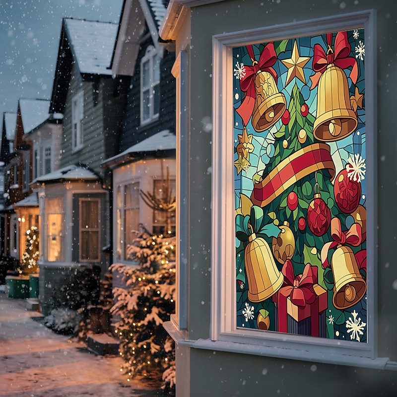 Christmas Window Cover Decorations, Fabric Stained Glass Jingle Bells Curtain Movie Poster Window Door Covering Decor for Christmas House, Window Clings Decals Indoor Outdoor4