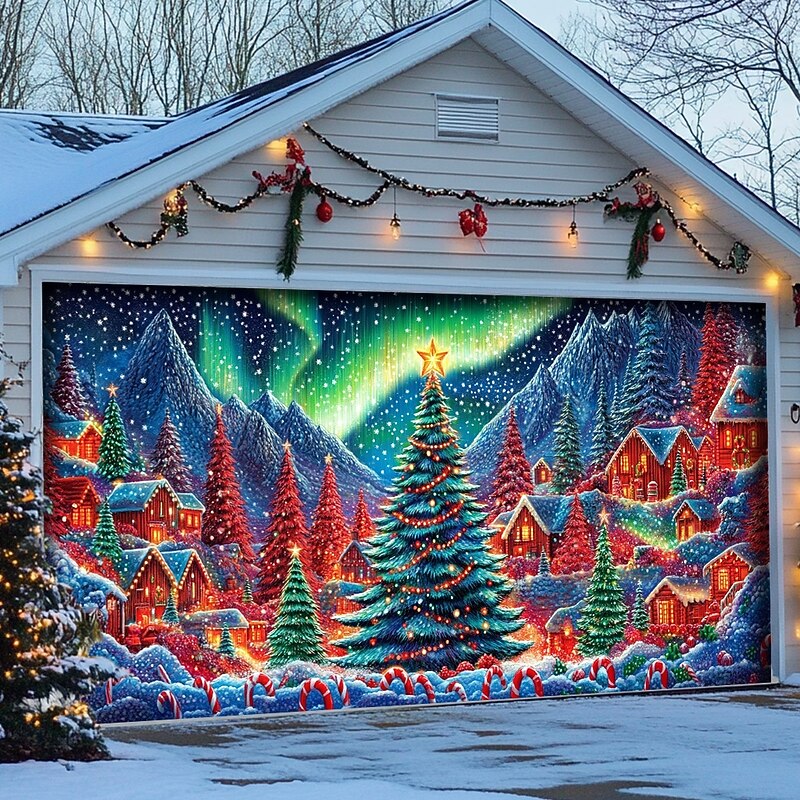 Christmas Door Decorations Outdoor Garage Door Cover Xmas Tree Banner Farmhouse Large Christmas Backdrop for Holiday Outdoor Garage Door Home Wall Decorations 13