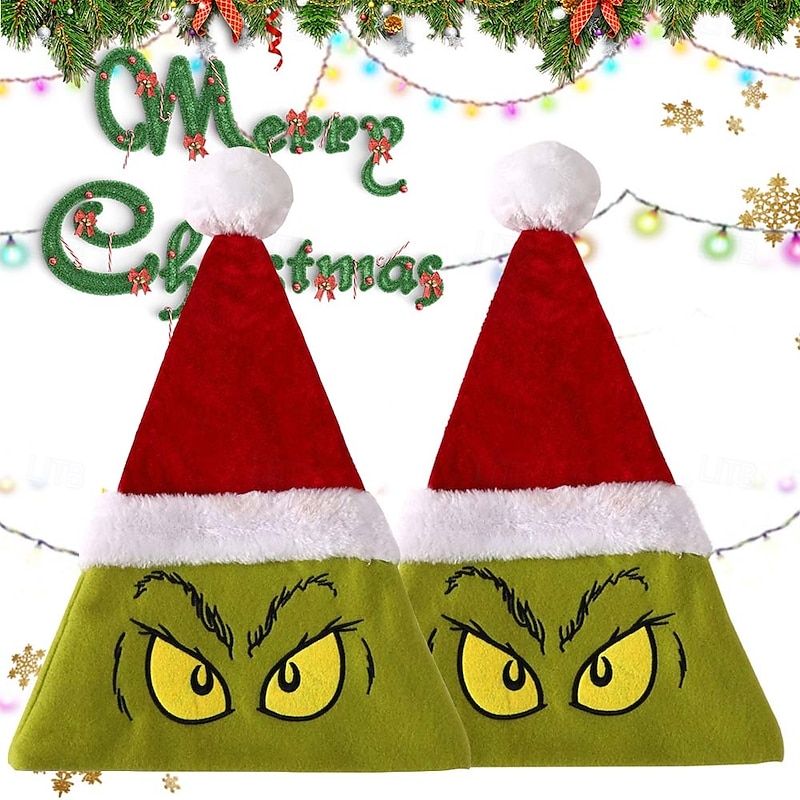 2PCS Santa Hats Santa Claus Green Monster Furry Christmas Party Supplies Christmas Hat Gift Unisex Christmas Funny & Reluctant Hat