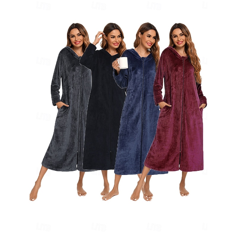 Women's Pajamas Pure Color Fashion Simple Home Fleece Warm Long Sleeve Robe Top Fall Winter Home Outfits