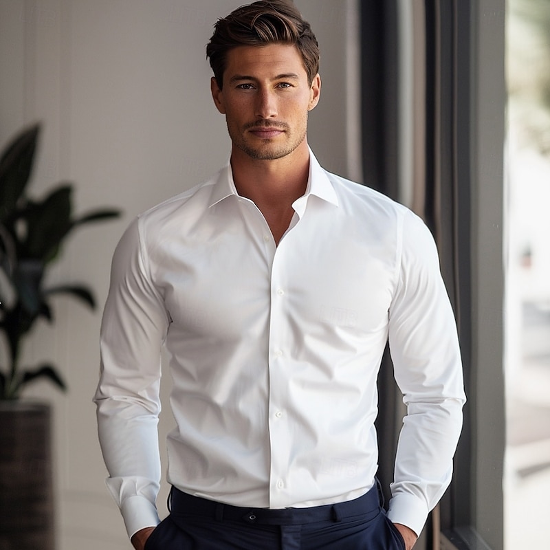 Men's Dress Shirt Button Up Shirt Solid Color School Formal White Blue Light Sky Blue Light Blue-White Long Sleeve Turndown All Seasons Clothing Apparel