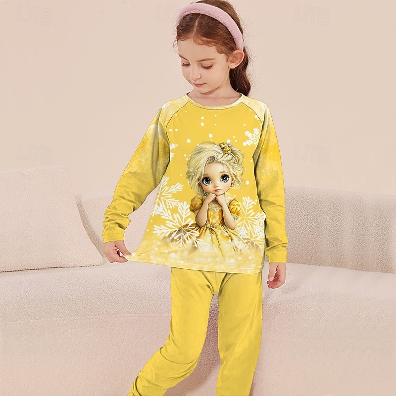 Girls' 3D Graphic Snowflake Princess Christmas Pajamas Pajama Sets Tee & Pants Pajama Sets Long Sleeve 3D Print Fall Winter Active Basic Kids 4 years+ Crew Neck Home Daily Regular Fit