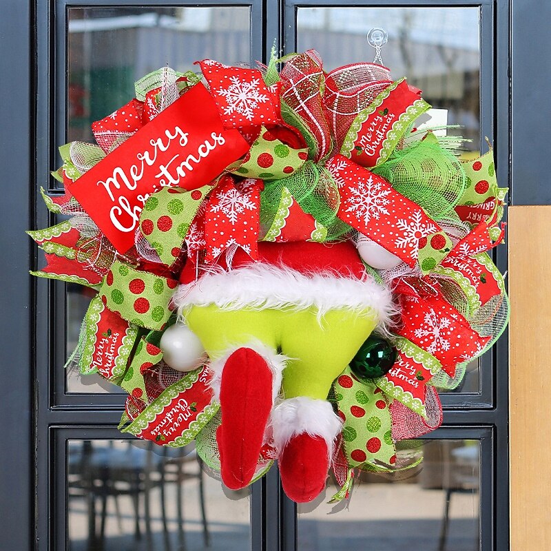Christmas Wreath Outdoor for Front Door Winter Wreath Window Wall Decoration with Green Furry Legs,Xmas 50x50cm Wall Hanging Decoration, Fun and Whimsical Festive Decor for Holiday Walls and Doors