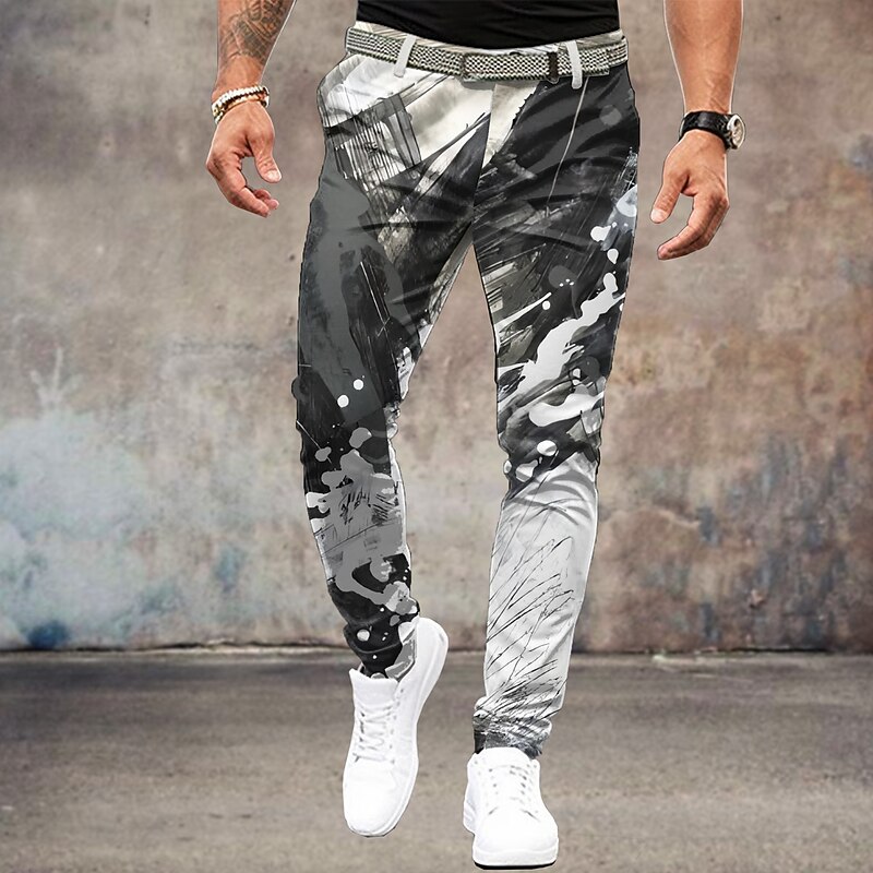 Men's Ink Painting Dress Pants Mid Waist Business Casual Formal Outdoor Dailywear Zipper Pocket Summer Spring Fall 3D Print Black And White