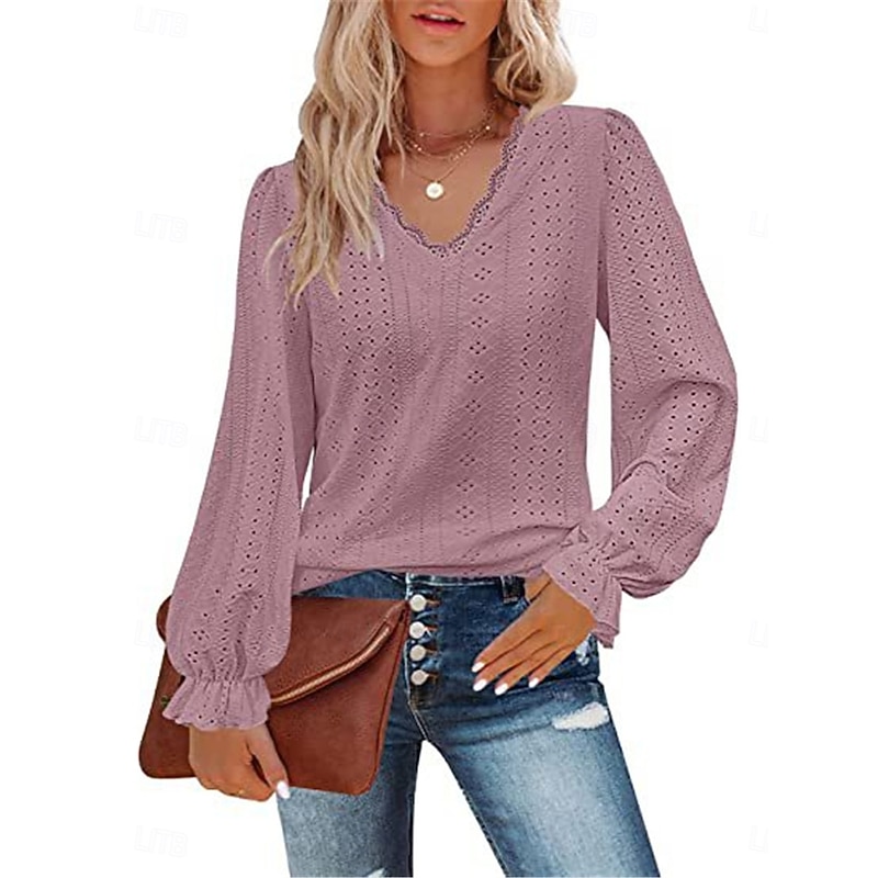 Women's Shirt Blouse Solid Color Basic Casual Long Sleeve V Neck Regular Tops Daily Lace Eyelet Light Green Pink Fall Winter