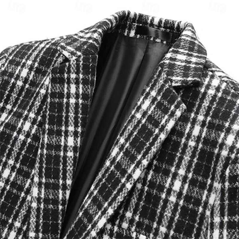 Men's Blazer Business Cocktail Party Wedding Party Fashion Casual Spring &  Fall Polyester Plaid Pocket Buttons Comfortable Single Breasted Blazer Black khaki Gray3