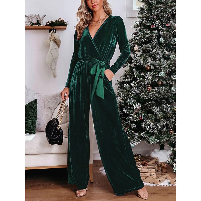 Women's Normal Jumpsuit Stylish Solid Color Long Sleeve Deep V Belted Vacation Party Regular Fit Black Red Blue Spring3