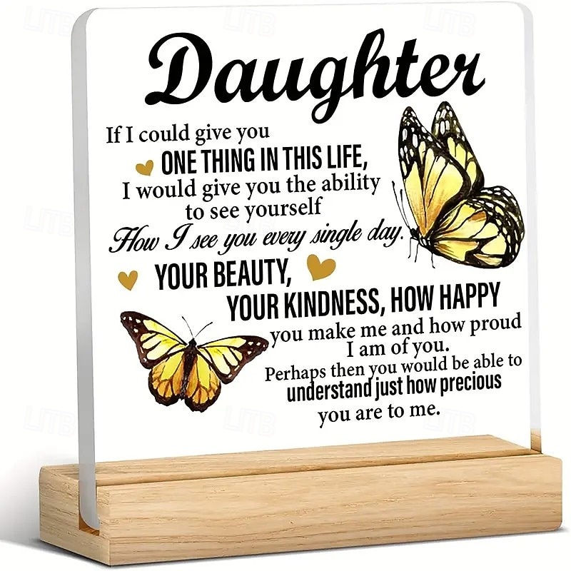 Acrylic Plaque with Wooden Base, Meaningful Gift from Son or Daughter to Mom, Commemorative Desk Sign, Thoughtful Keepsake with Wooden Stand