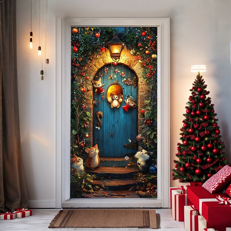 Christmas Door Decorations Door Covers Xmas Animals Door Tapestry Door Curtain Decoration Backdrop Indoor/Outdoor Door Banner for Front Door Farmhouse2