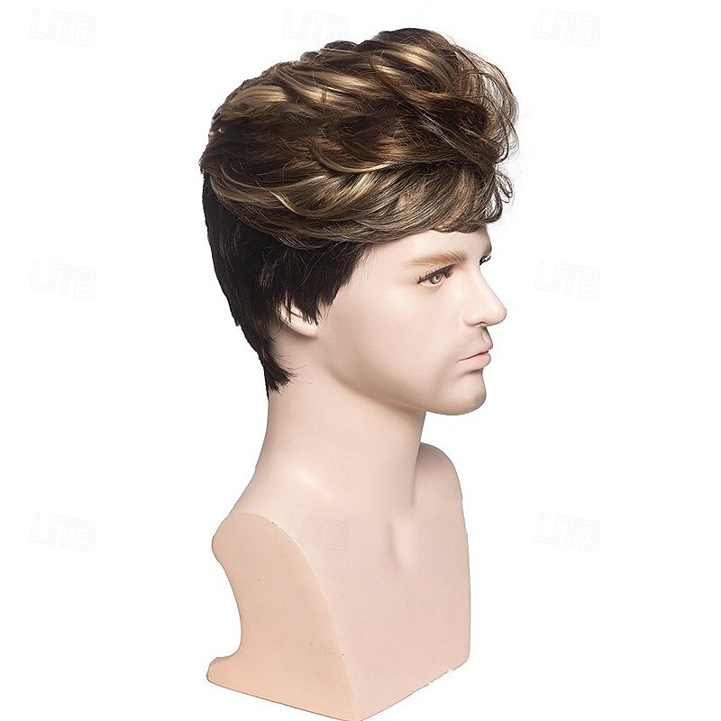 Synthetic Wig Straight Asymmetrical Wig Short Light Brown Synthetic Hair Men's Fashionable Design Soft Natural Light Brown2