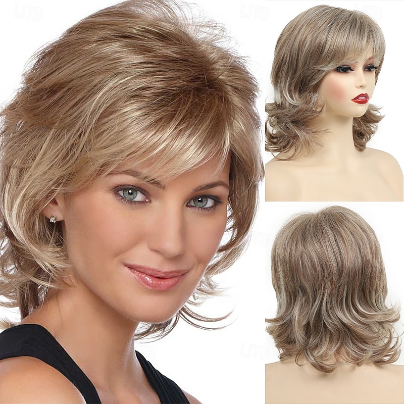 Short Brown  Wigs 14 Inch Wavy Curly Wig Shoulder Length Middle Part Wigs Natural Looking Synthetic Blonde Hair Wigs for Women Daily Party Use