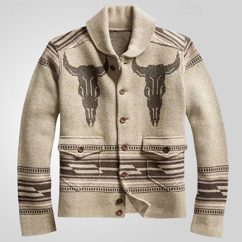 Men's Jacquard Sweater Cardigan Sweater Cropped  Sweater Ribbed Knit Regular Button Up Knitted Antelope Lapel Fashion Classic Daily Wear Date Clothing Apparel Fall & Winter khaki M L XL2