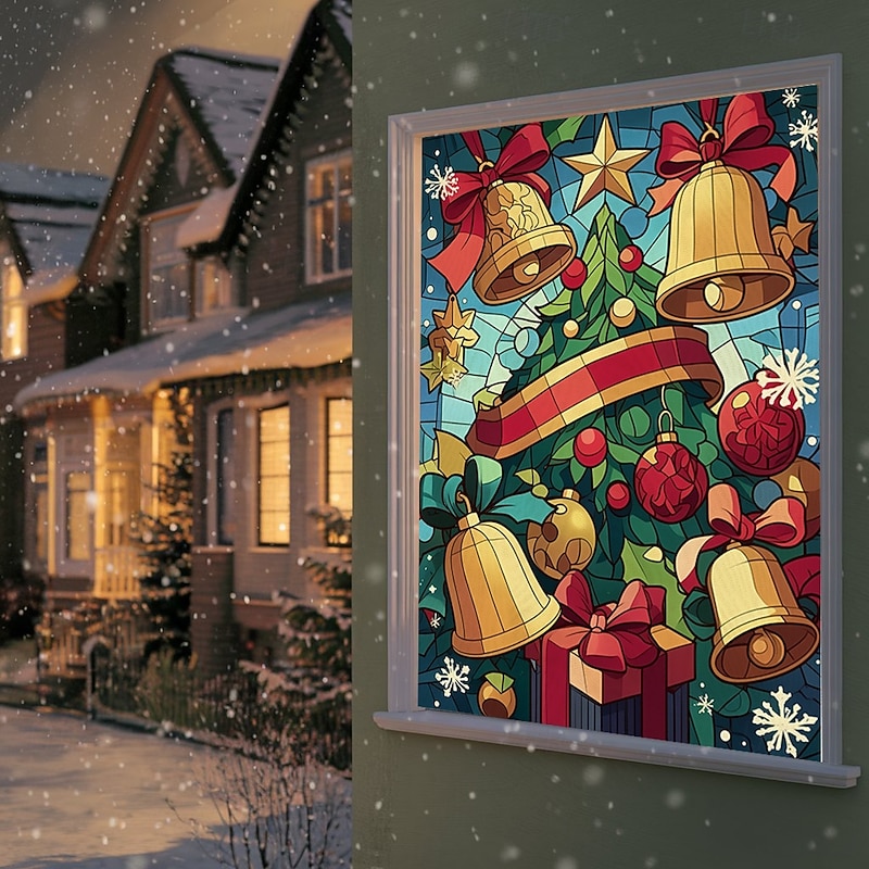 Christmas Window Cover Decorations, Fabric Stained Glass Jingle Bells Curtain Movie Poster Window Door Covering Decor for Christmas House, Window Clings Decals Indoor Outdoor