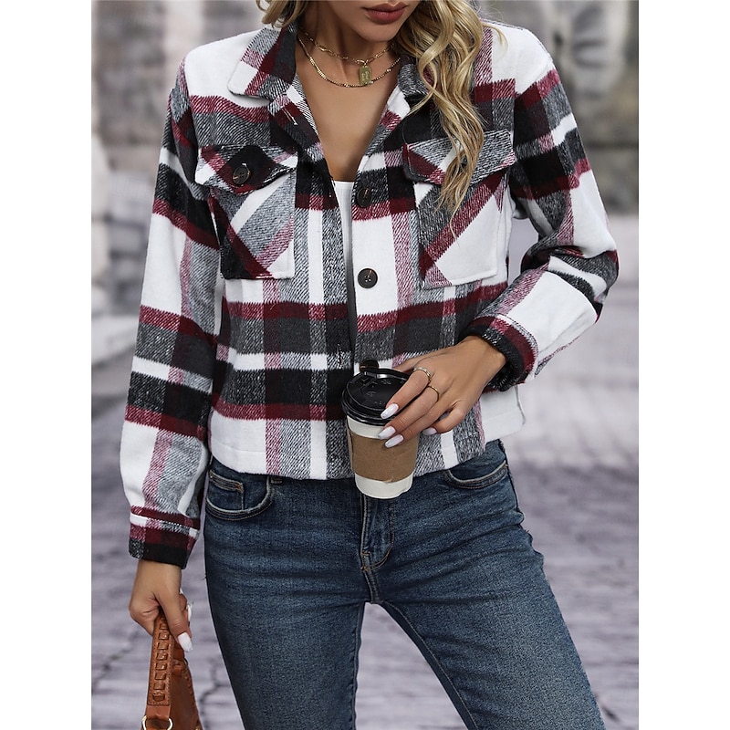 Women's Coat Outdoor Street Daily Wear Fall Winter Short Coat Regular Fit Thermal Warm Breathable Stylish Casual Jacket Long Sleeve Stripes and Plaid with Pockets Print Red Green Khaki3