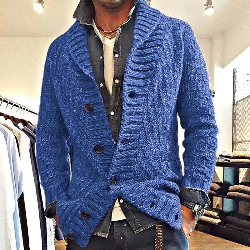 Men's Cardigan Sweater Cropped  Sweater Knit Sweater Ribbed Knit Regular Pocket Solid Color Shawl Collar Fashion Classic Daily Wear Date Clothing Apparel Fall & Winter Navy Blue Brown S M L4