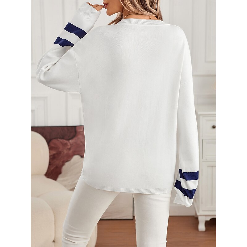 Women's Sweater Elegant Fashion Streetwear Graphic V Neck Knitted Long Sleeve Long Tops Knit Daily Weekend White Fall Winter3