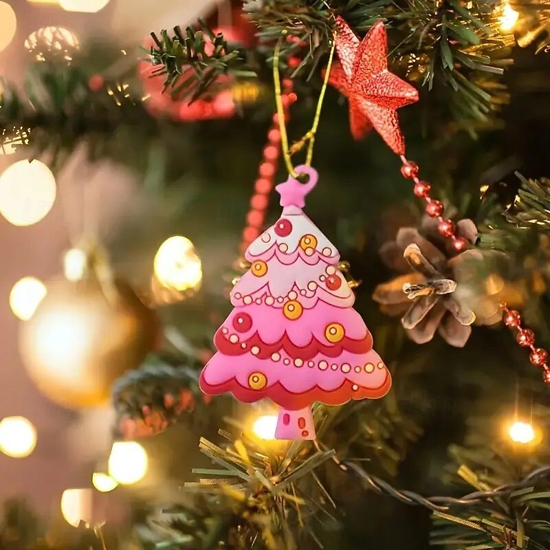 24pcs Christmas Pink Wooden Ornaments, Xmas Tree Pendant Decoration - Vintage Pink Gingerbread, Mittens, Nutcracker, Santa, Trees, and Snowflakes for Christmas3
