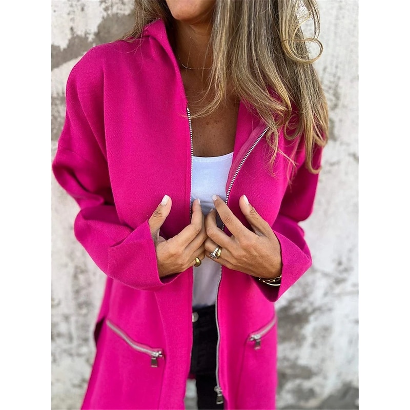 Women's Winter Jacket Hoodie Jacket Outdoor Street Daily Wear Fall Winter Long Coat Regular Fit Thermal Warm Breathable Stylish Casual Jacket Long Sleeve Solid Color with Pockets Full Zip Red Fuchsia4