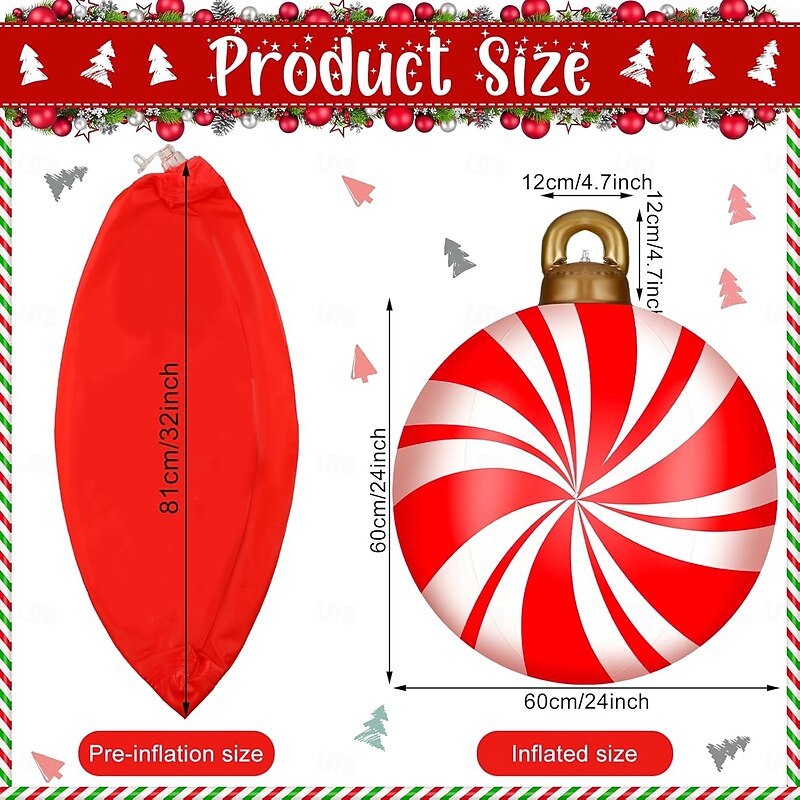 Christmas Outdoor Inflatable Decorated Ball 60cm(23.6Inch) Xmas Huge Large Ornaments Peppermint Candy Ball for Tree Yard Lawn Garden Porch Blow Up Balls Ornaments with Pump2