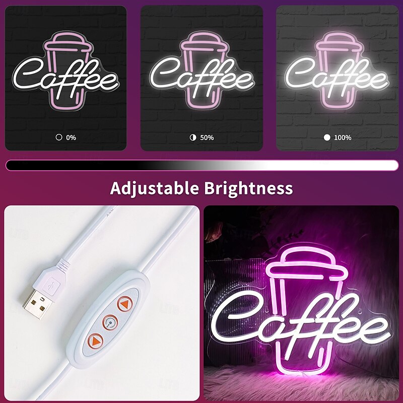 Coffee Neon Sign - Pink & White LED Neon Light for Cafe, Bar, Restaurant, USB Powered Wall Decor for Bedroom, Pub, Birthday Party3