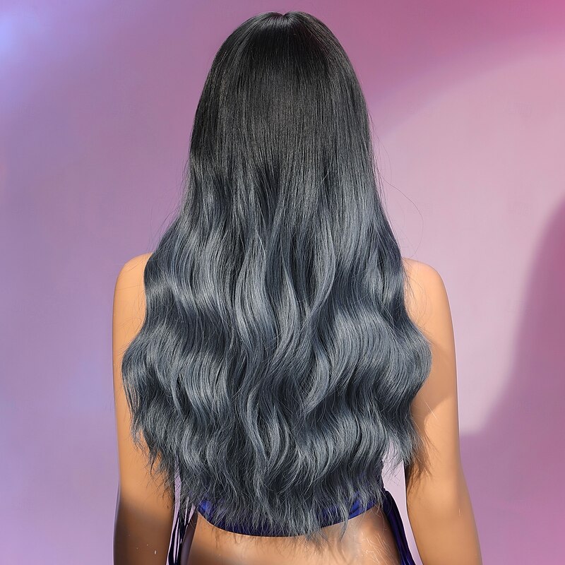 Synthetic Wig Curly Wavy Neat Bang With Bangs Machine Made Wig 26 inch Black / Smoke Blue Synthetic Hair Women's Cute Cosplay Party Blue2