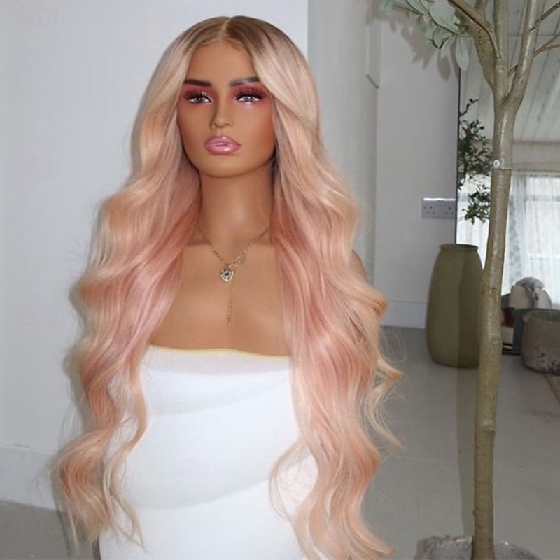Remy Human Hair 13x4 Lace Front Wig Free Part Brazilian Hair Wavy Pink Wig 130% 150% Density Ombre Hair Natural Hairline Glueless Pre-Plucked For Women Long Human Hair Lace Wig2