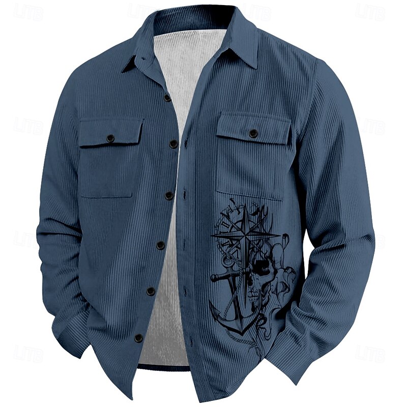 Men's Wolf Nautical Corduroy Shirt Shirt Jacket Overshirt Long Sleeve Vintage Tribal Outdoor Dailywear Fall & Winter Turndown Collared Shirts Buttons 3D Print 2 Pockets 1pc Black Navy Blue Brown2