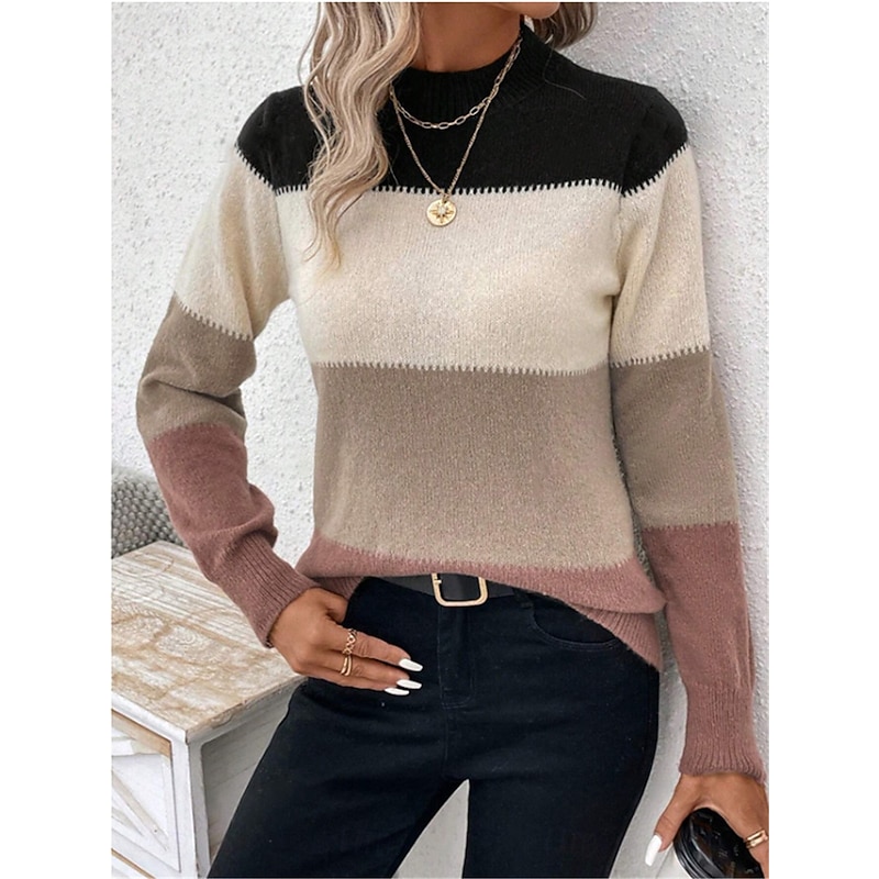 Women's Sweater Pullover Sweater Jumper Casual Soft Striped Ribbed Crew Neck Knitted Long Sleeve Regular Tops Knit Outdoor Daily Weekend Camel Apricot Fall Winter2