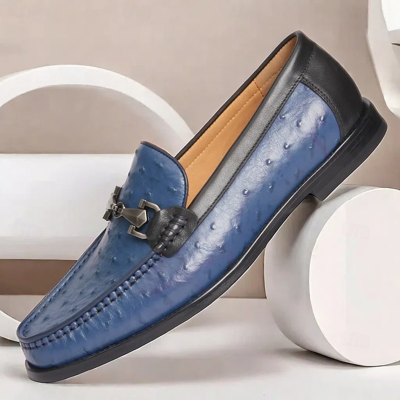 Men's Blue Premium Cowhide Leather Loafers with Ostrich Pattern and Metal Buckle Detail, Elegant Dress Shoes for Formal and Casual Occasions 7